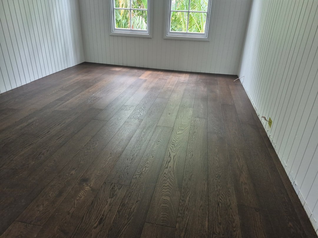 Walnut engineered timber room with windows, Graceville, Brisbane