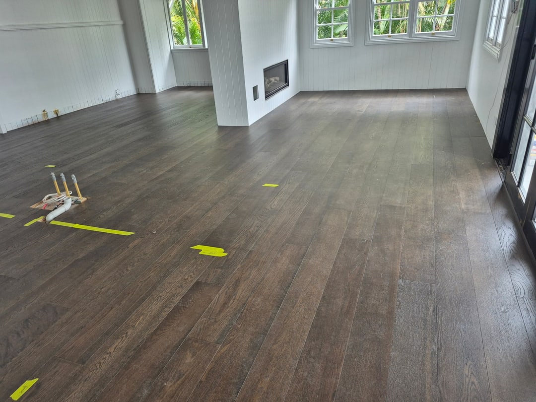 Walnut engineered timber open living area, Graceville, Brisbane