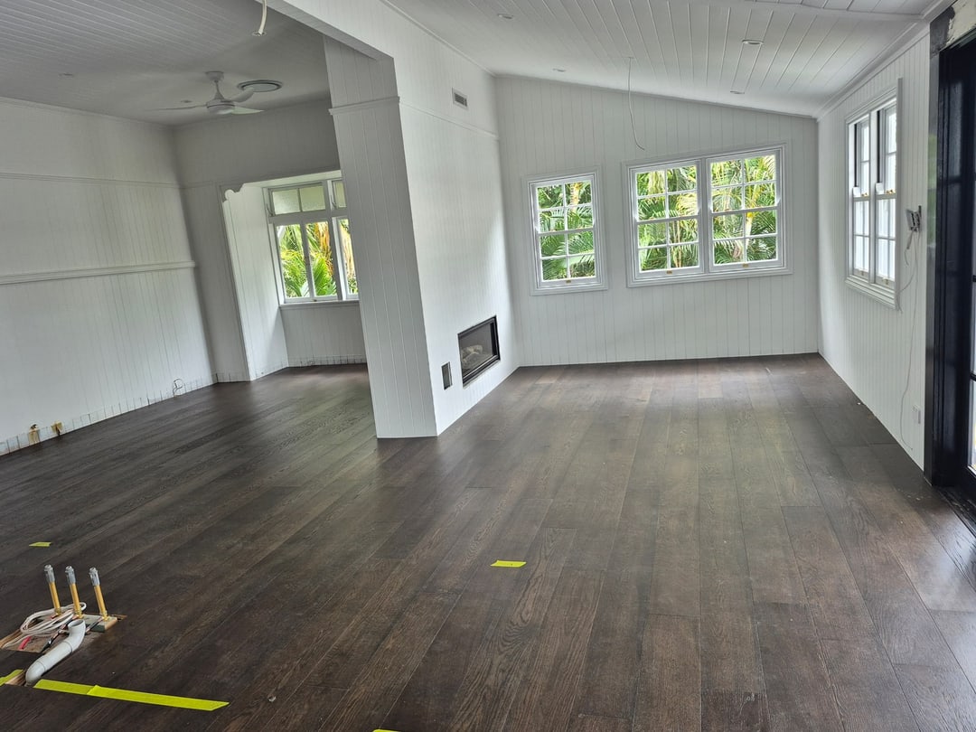 Walnut engineered timber open living area, Graceville, Brisbane