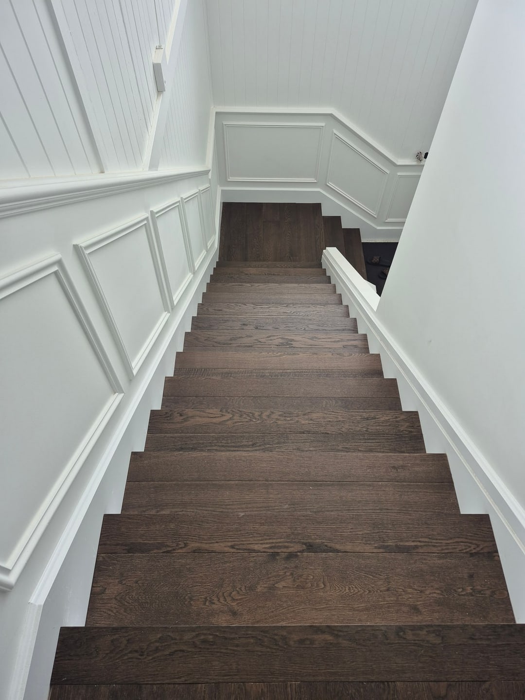 Walnut engineered timber staircase from the top, Graceville, Brisbane