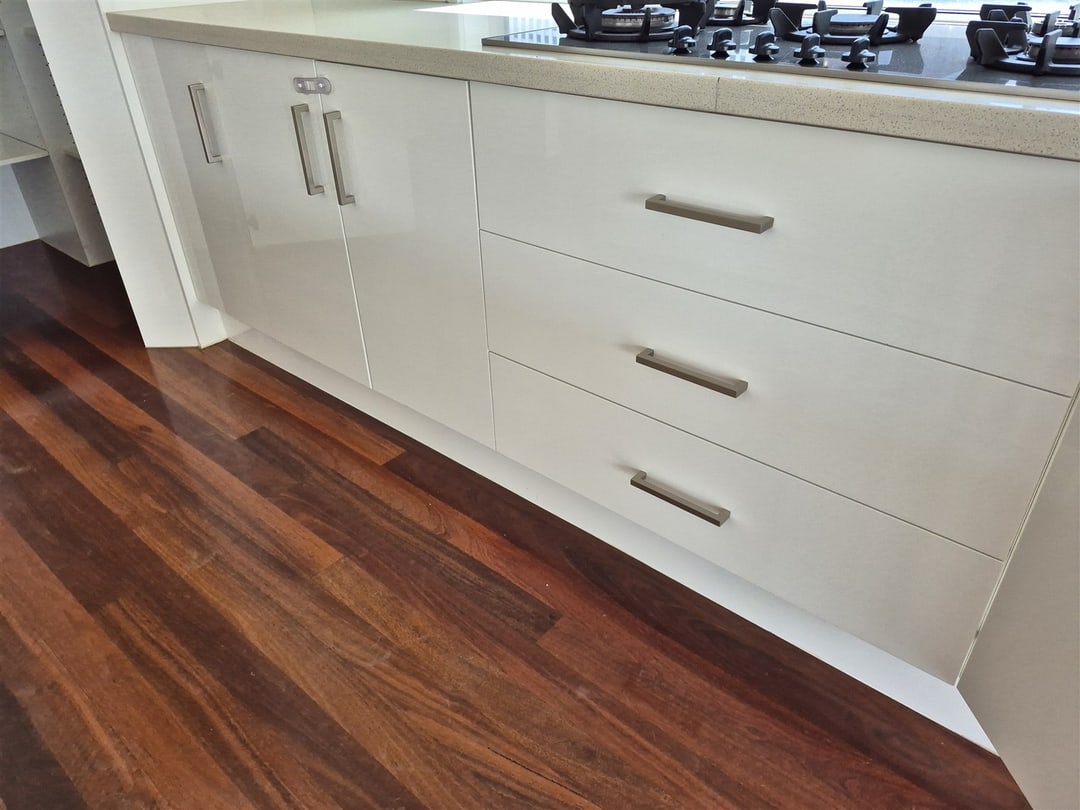 Jarrah boards at the base of the kitchen drawers, Brisbane