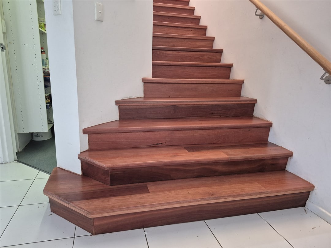 Jarrah staircase with flared bottom steps, Brisbane