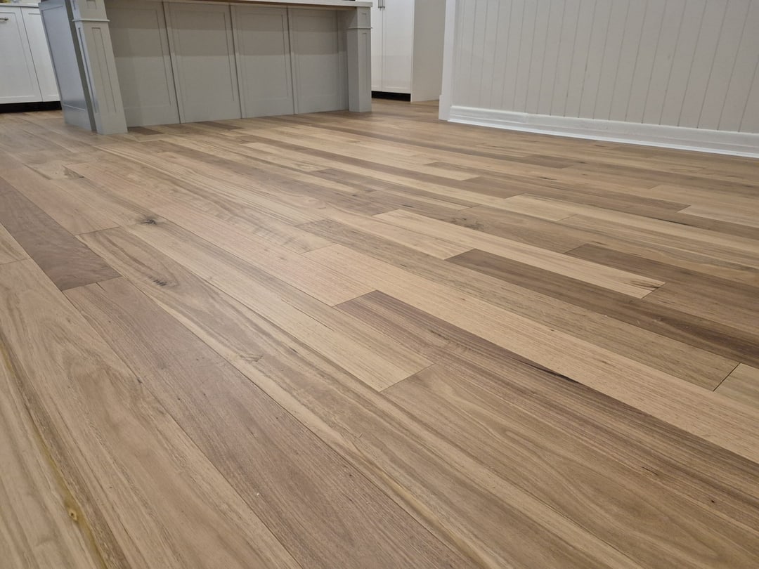 Low-angle view of the prefinished blackbutt boards, Sandgate, Brisbane