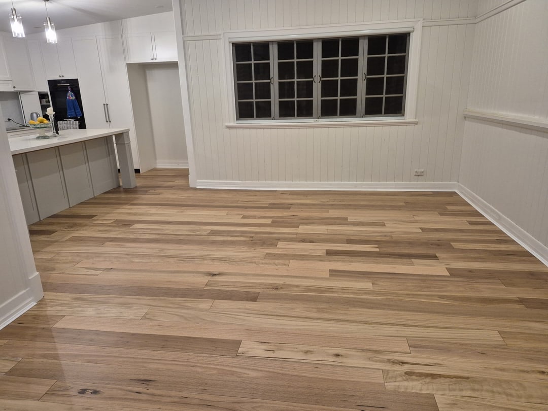 Blackbutt boards across the open-plan kitchen and living area, Sandgate, Brisbane