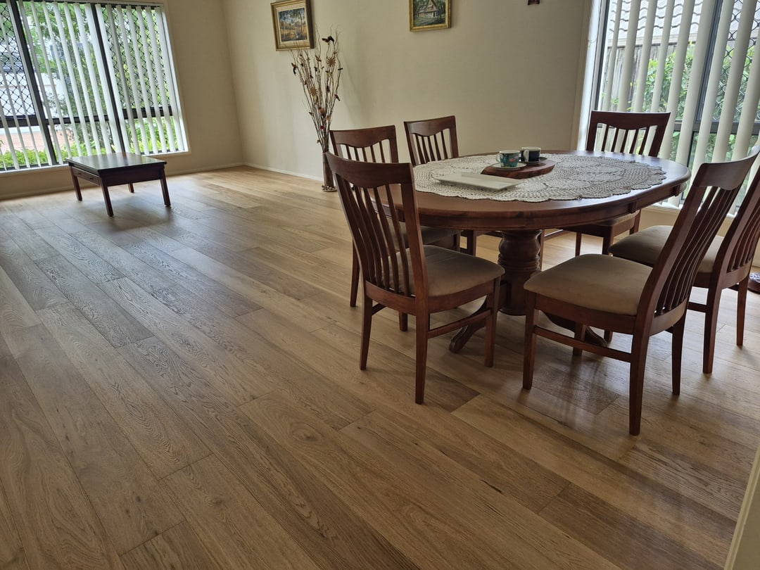 Wide view of the dining area on prefinished spotted gum, Brisbane