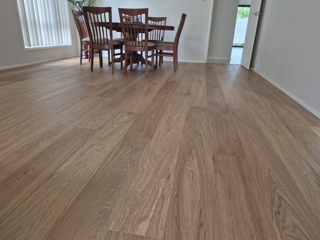 Spotted gum boards leading to the dining area, Brisbane